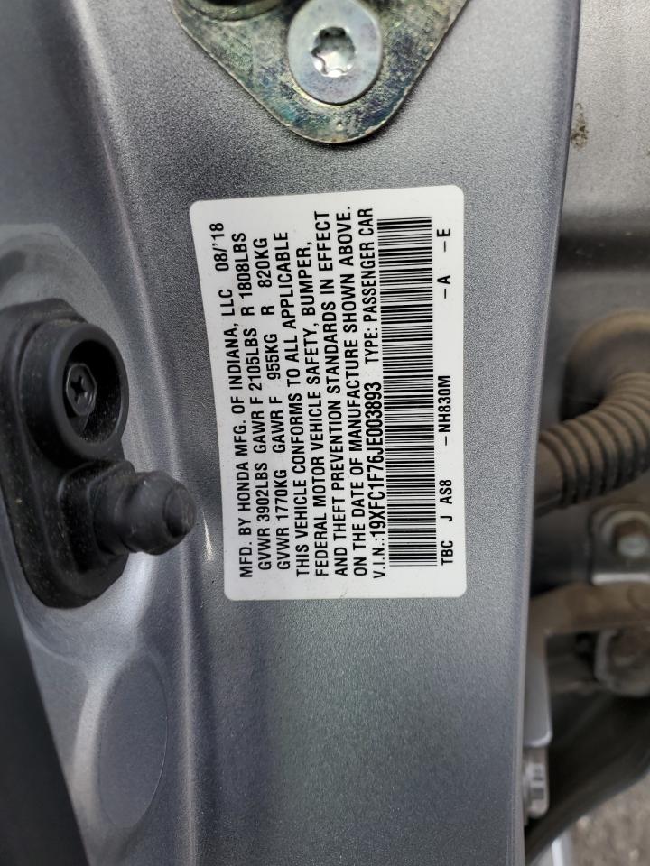 2018 Honda Civic VIN 19XFC1F76JE003893 Copart auction photo, front end damage thumbnail 12