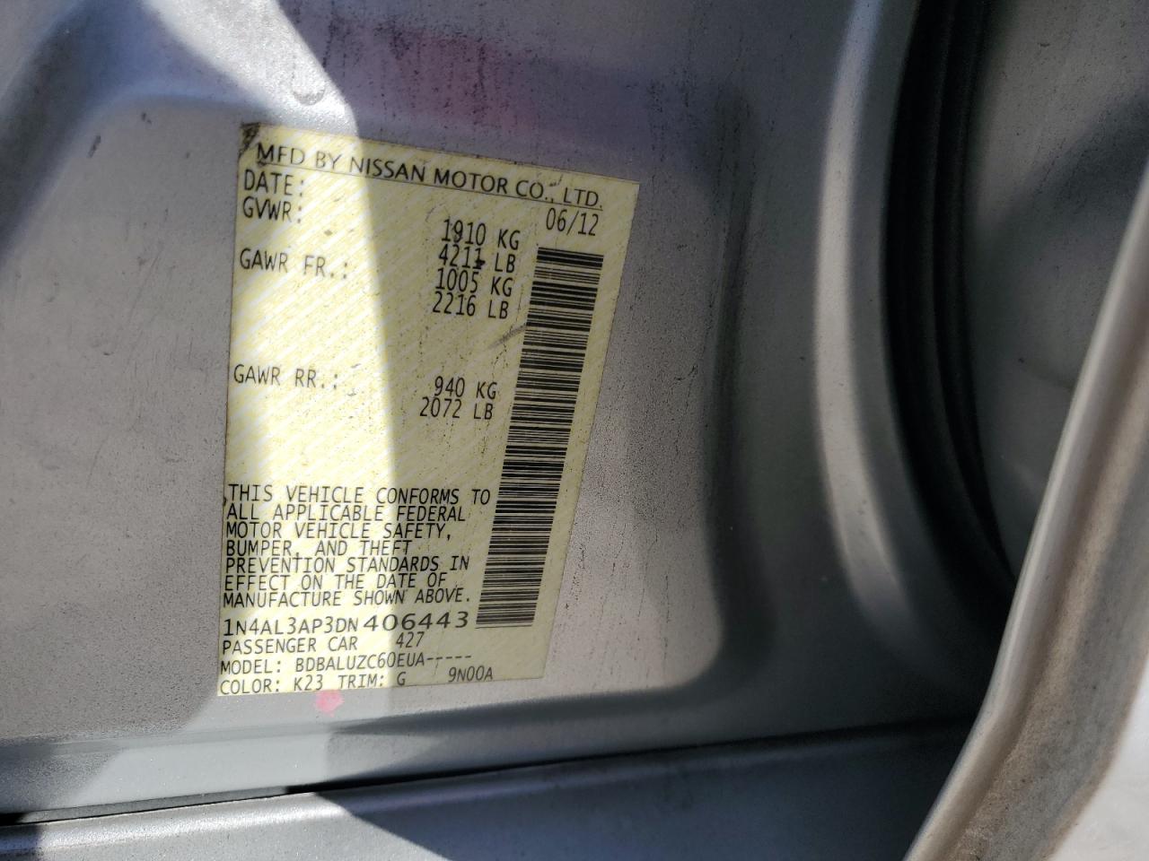 2013 Nissan Altima VIN 1N4AL3AP3DN406443 Copart auction photo, rear end damage thumbnail 12