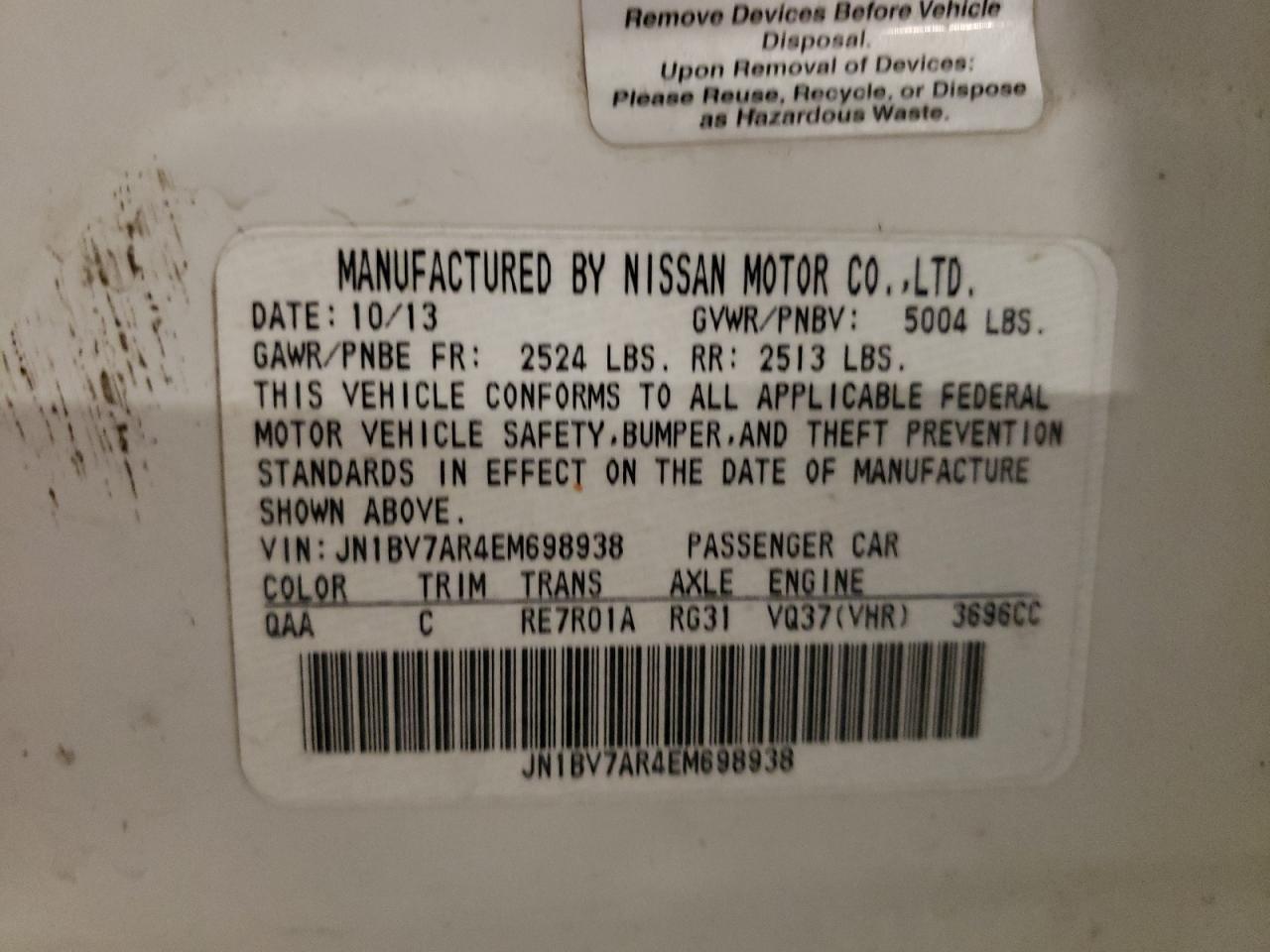 2014 Infiniti Q50 VIN JN1BV7AR4EM698938 Copart auction photo, side / rear end damage thumbnail 12