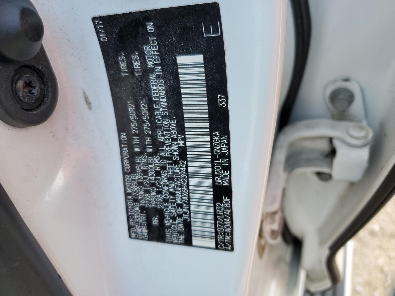 2017 Lexus LX VIN JTJHY7AX6H4239442 Copart auction photo, front end / side damage thumbnail 14