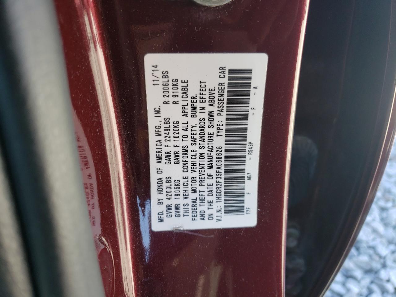 2015 Honda Accord VIN 1HGCR2F35FA066628 Copart auction photo, side / rear end damage thumbnail 12