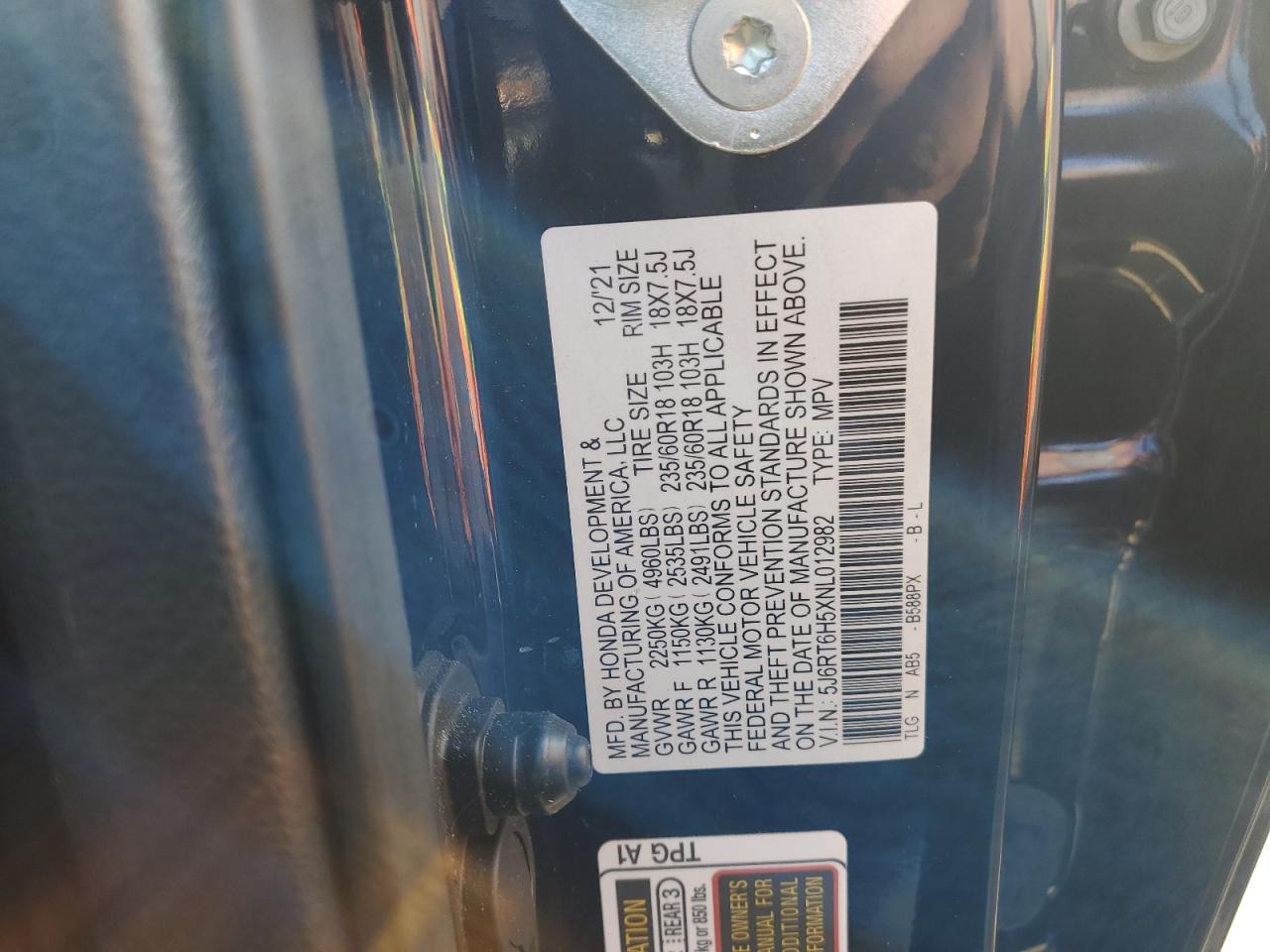 2022 Honda CR-V VIN 5J6RT6H5XNL012982 Copart auction photo, vandalism damage thumbnail 13