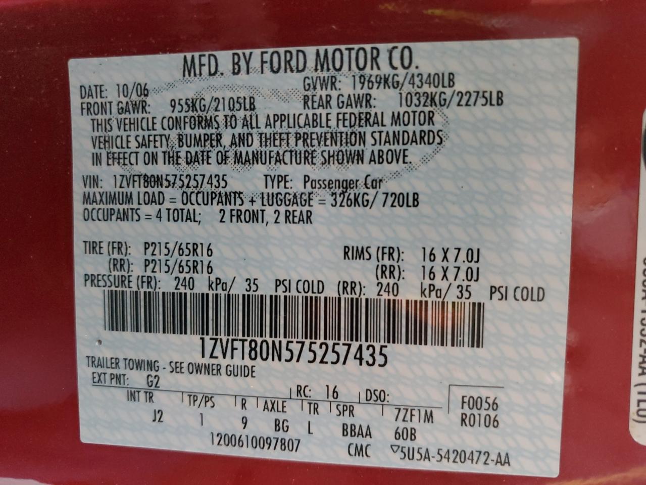 2007 Ford Mustang VIN 1ZVFT80N575257435 Copart auction photo, front end damage thumbnail 12