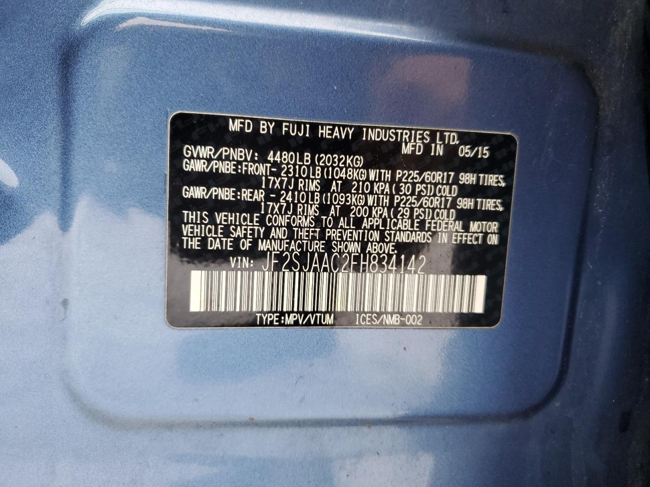 2015 Subaru Forester VIN JF2SJAAC2FH834142 Copart auction photo, rear end damage thumbnail 13