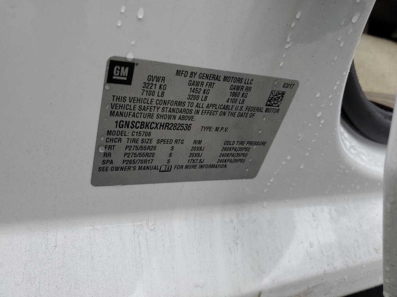 2017 Chevrolet Tahoe VIN 1GNSCBKCXHR282536 Copart auction photo, rollover damage thumbnail 13