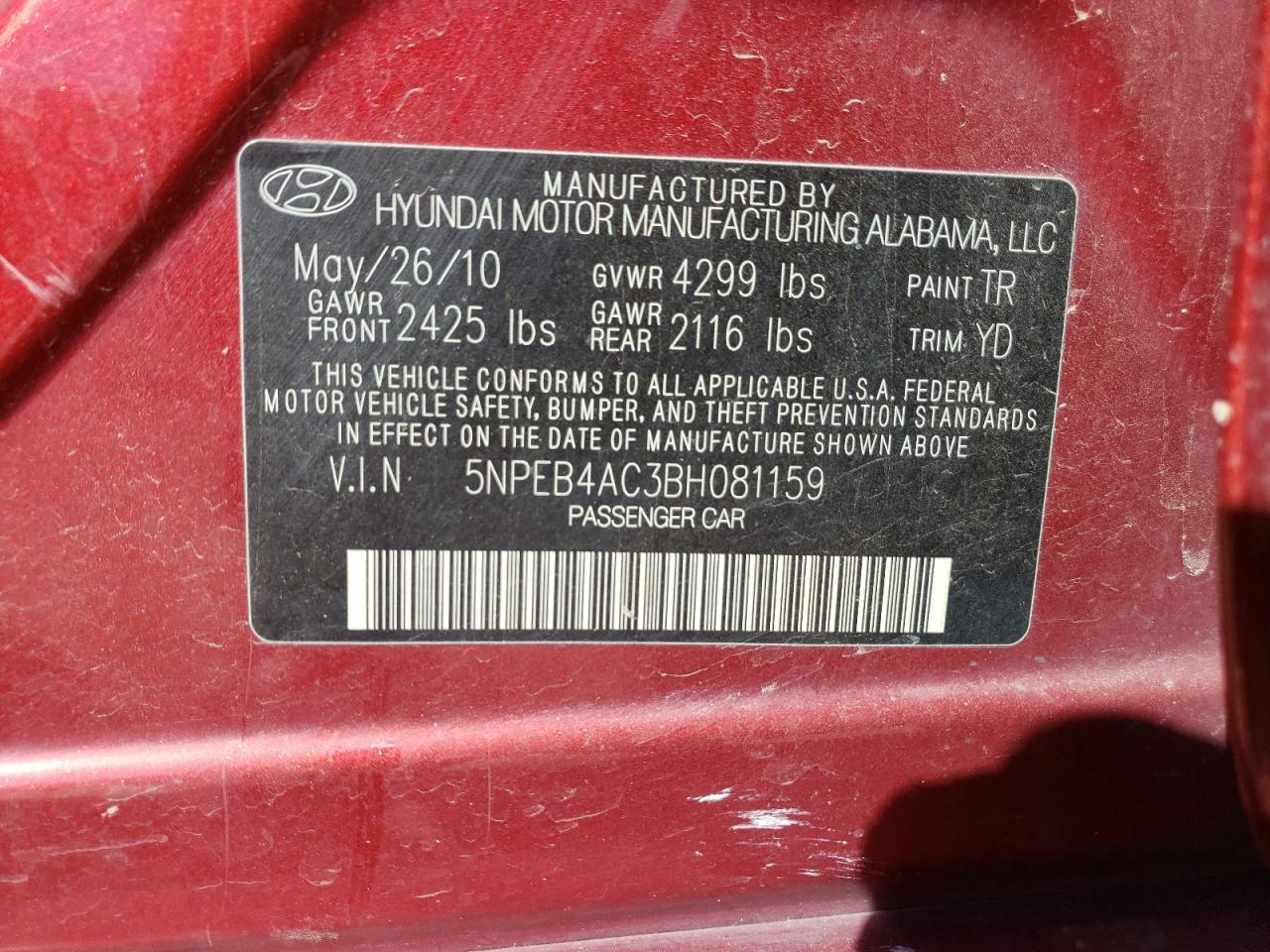2011 Hyundai Sonata VIN 5NPEB4AC3BH081159 Copart auction photo, undercarriage damage thumbnail 14