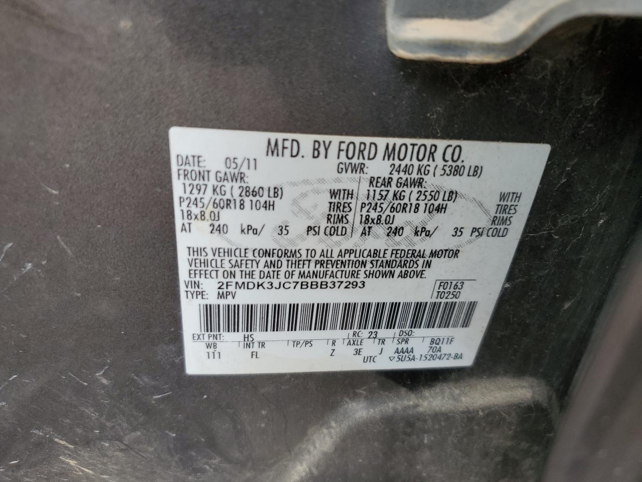 2011 Ford Edge VIN 2FMDK3JC7BBB37293 Copart auction photo, rear end damage thumbnail 14