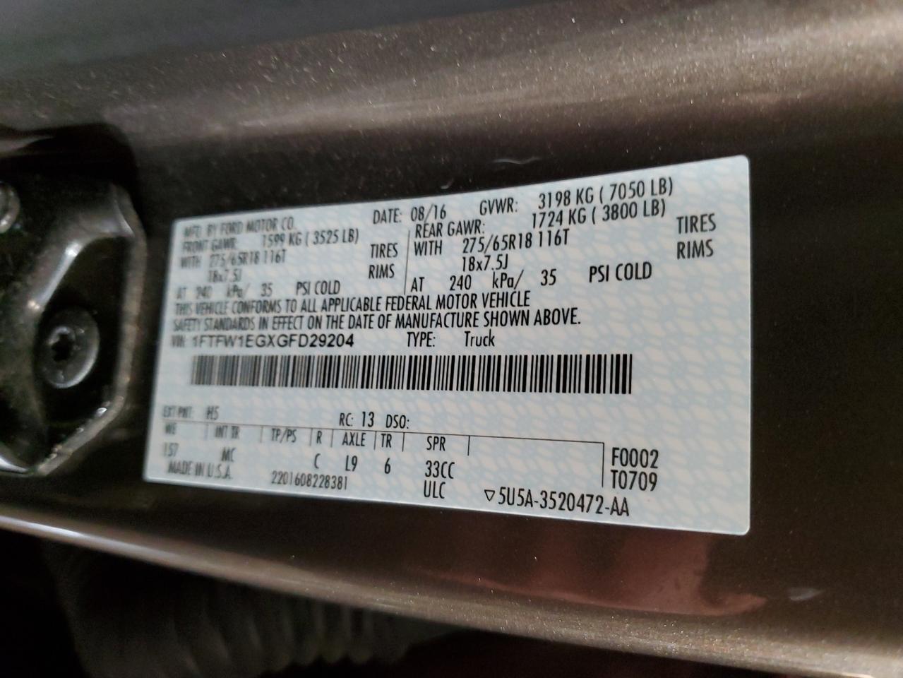2016 Ford F-150 VIN 1FTFW1EGXGFD29204 Copart auction photo, front end / side damage thumbnail 12