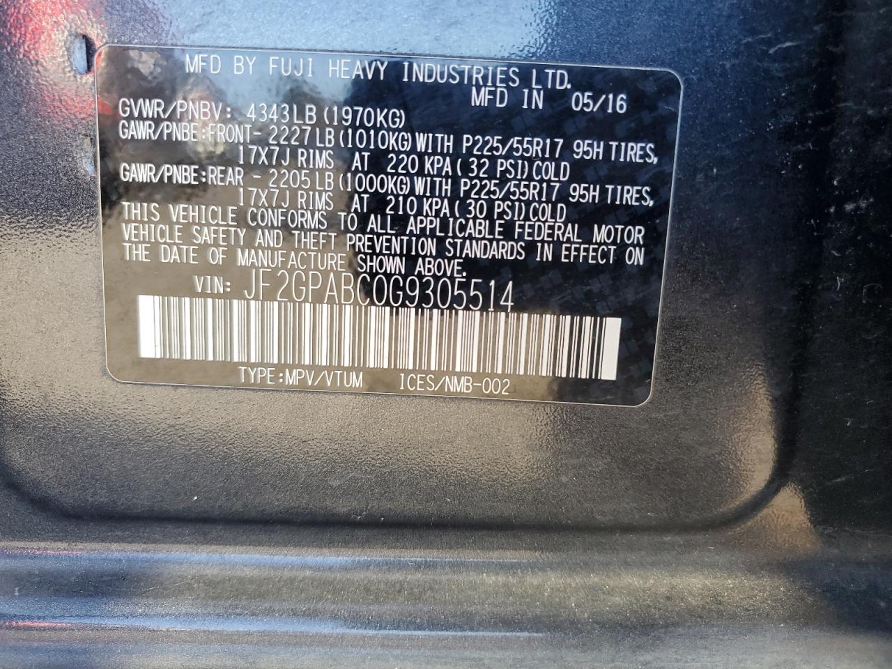 2016 Subaru XV VIN JF2GPABC0G9305514 Copart auction photo, side damage thumbnail 12