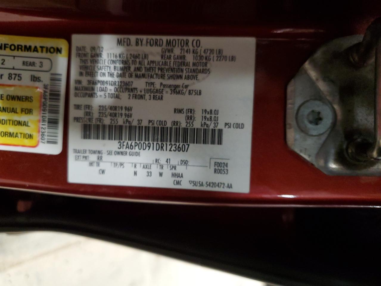 2013 Ford Fusion VIN 3FA6P0D91DR123607 Copart auction photo, side / minor dent/scratches damage thumbnail 12