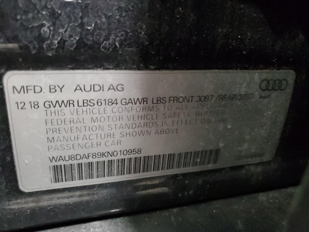 2019 Audi A8 VIN WAU8DAF89KN010958 Copart auction photo, rear end damage thumbnail 12