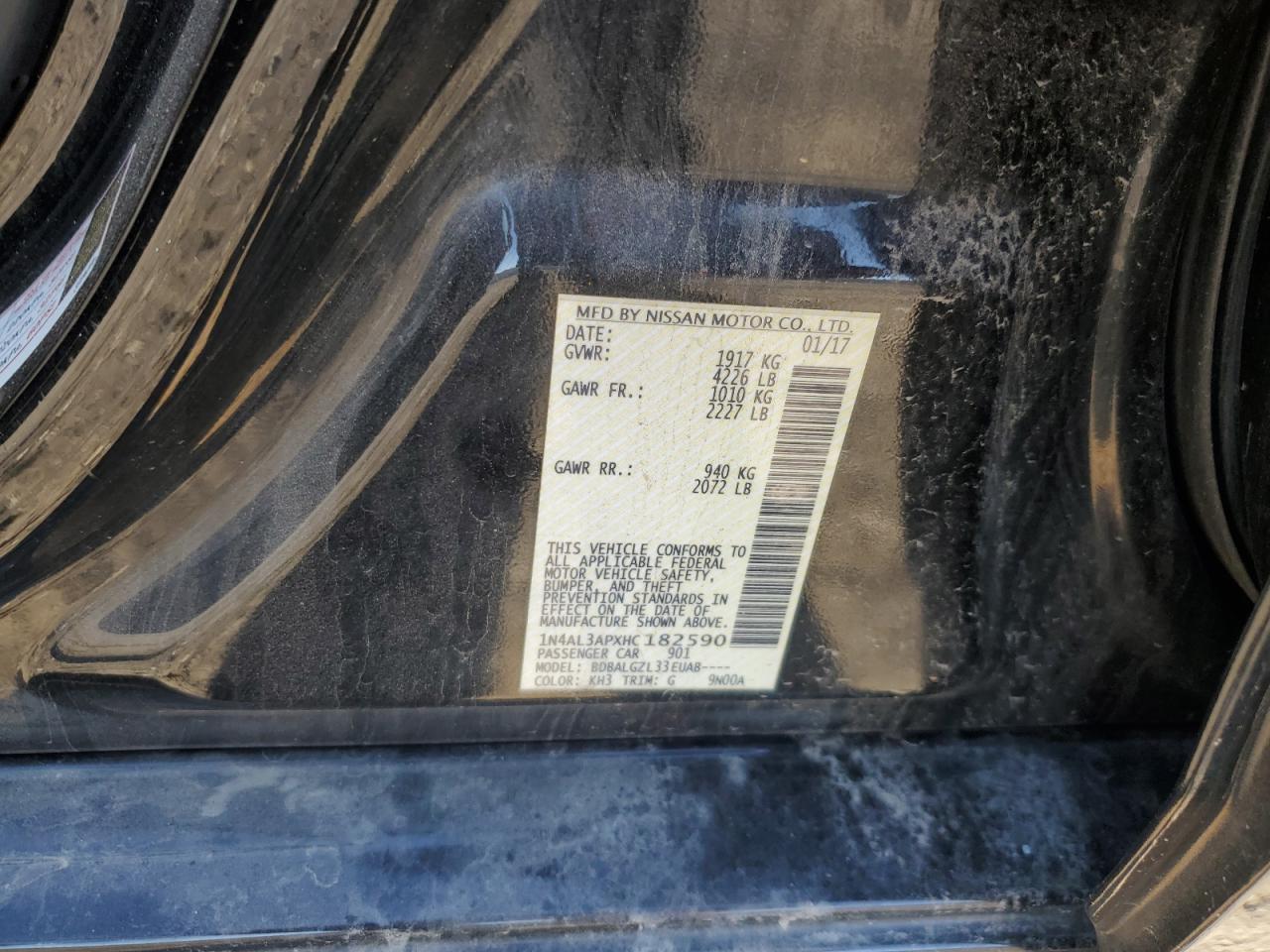 2017 Nissan Altima VIN 1N4AL3APXHC182590 Copart auction photo, rear end / side damage thumbnail 12