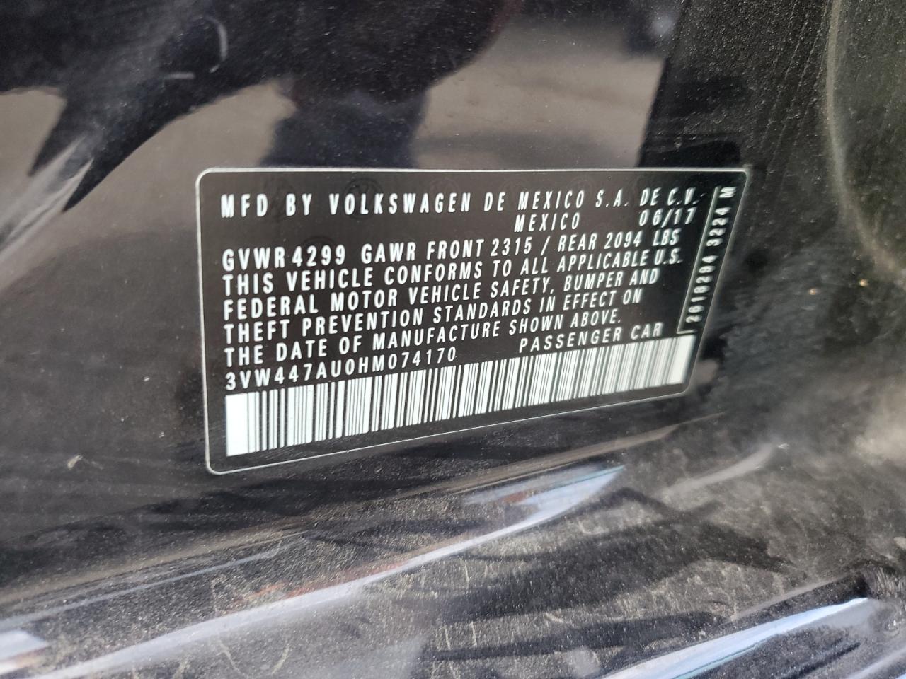 2017 Volkswagen GTI VIN 3VW447AU0HM074170 Copart auction photo, rear end damage thumbnail 12