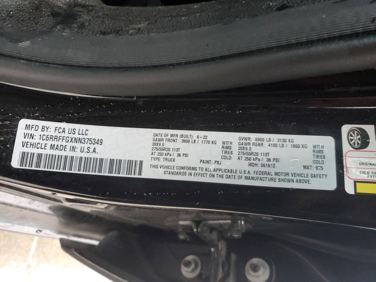2022 RAM 1500 VIN 1C6RRFFGXNN375349 Copart auction photo, rear end damage thumbnail 12