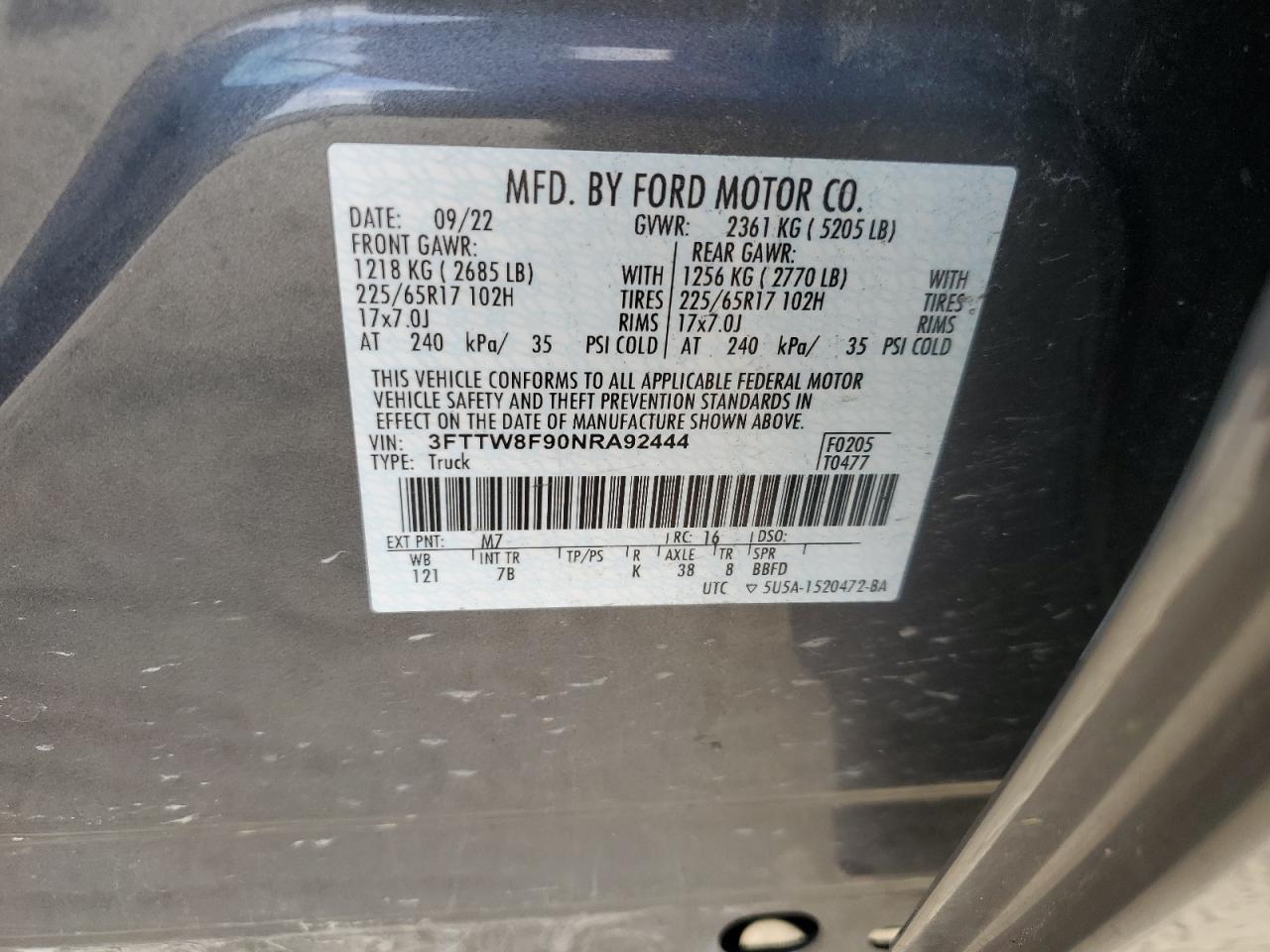 2022 Ford Maverick VIN 3FTTW8F90NRA92444 Copart auction photo, front end / side damage thumbnail 12