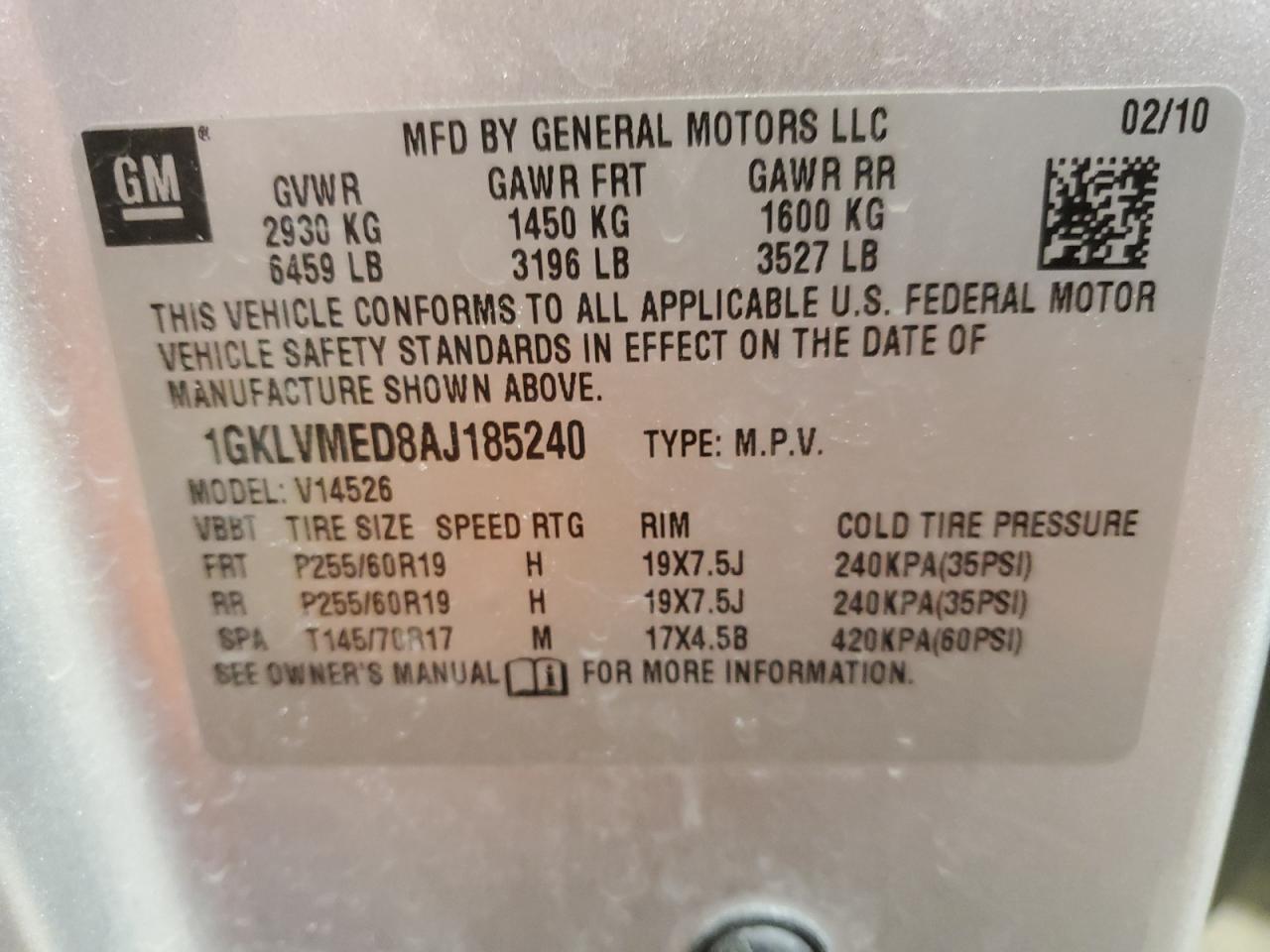 2010 GMC Acadia VIN 1GKLVMED8AJ185240 Copart auction photo, all over damage thumbnail 14