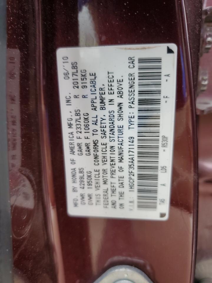 2010 Honda Accord VIN 1HGCP2F35AA171149 Copart auction photo, front end damage thumbnail 12