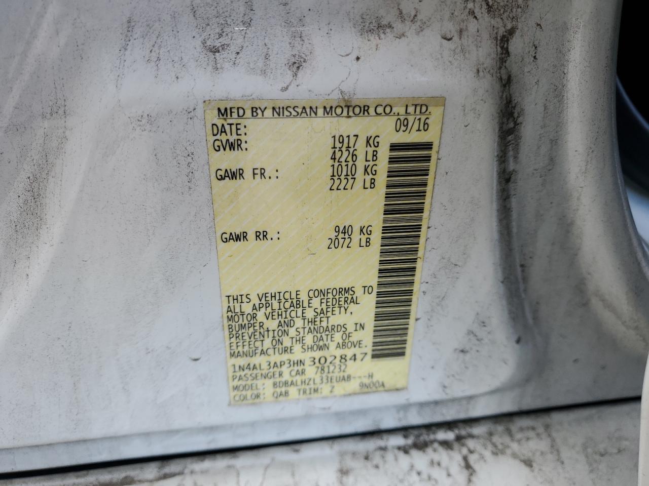 2017 Nissan Altima VIN 1N4AL3AP3HN302847 Copart auction photo, rear end / side damage thumbnail 13