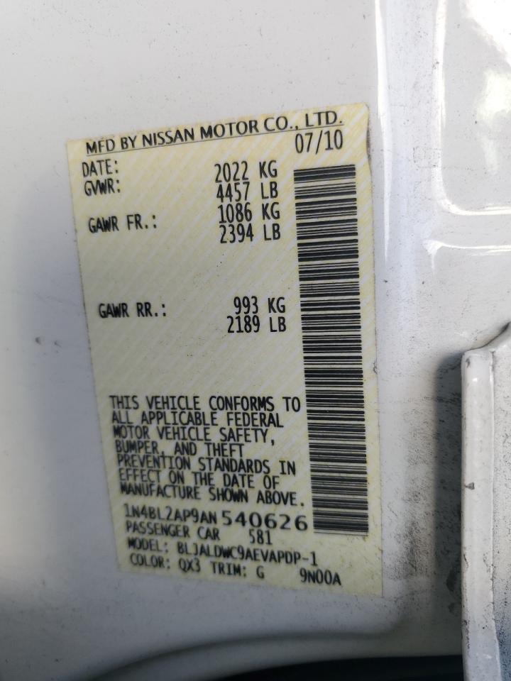 2010 Nissan Altima VIN 1N4BL2AP9AN540626 Copart auction photo, front end damage thumbnail 13
