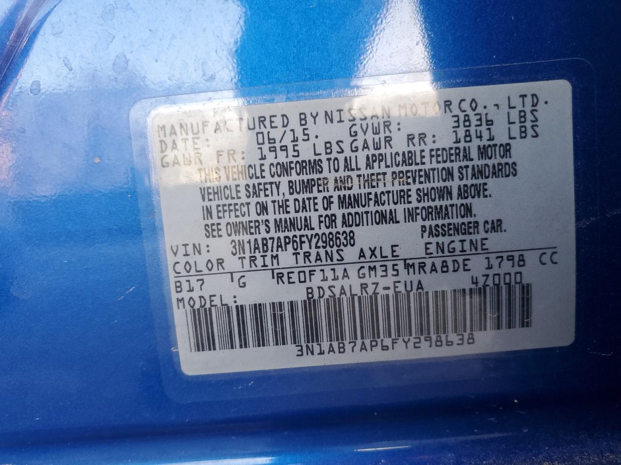 2015 Nissan Sentra VIN 3N1AB7AP6FY298638 Copart auction photo, side damage thumbnail 12
