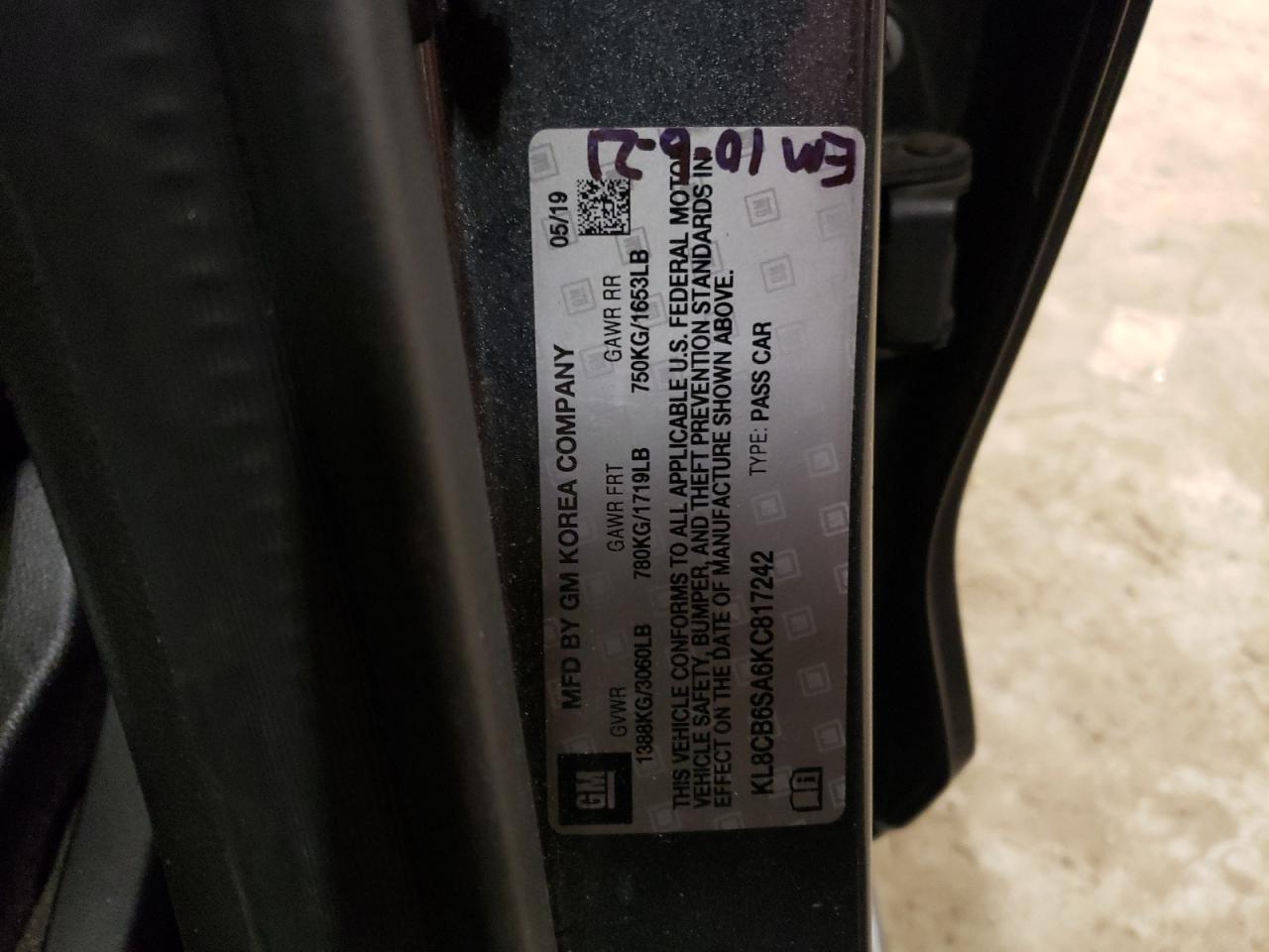 2019 Chevrolet Spark VIN KL8CB6SA6KC817242 Copart auction photo, front end damage thumbnail 14