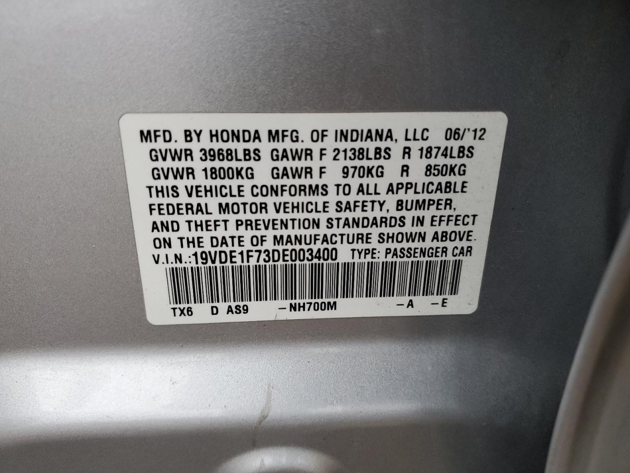 2013 Acura ILX VIN 19VDE1F73DE003400 Copart auction photo, front end damage thumbnail 13
