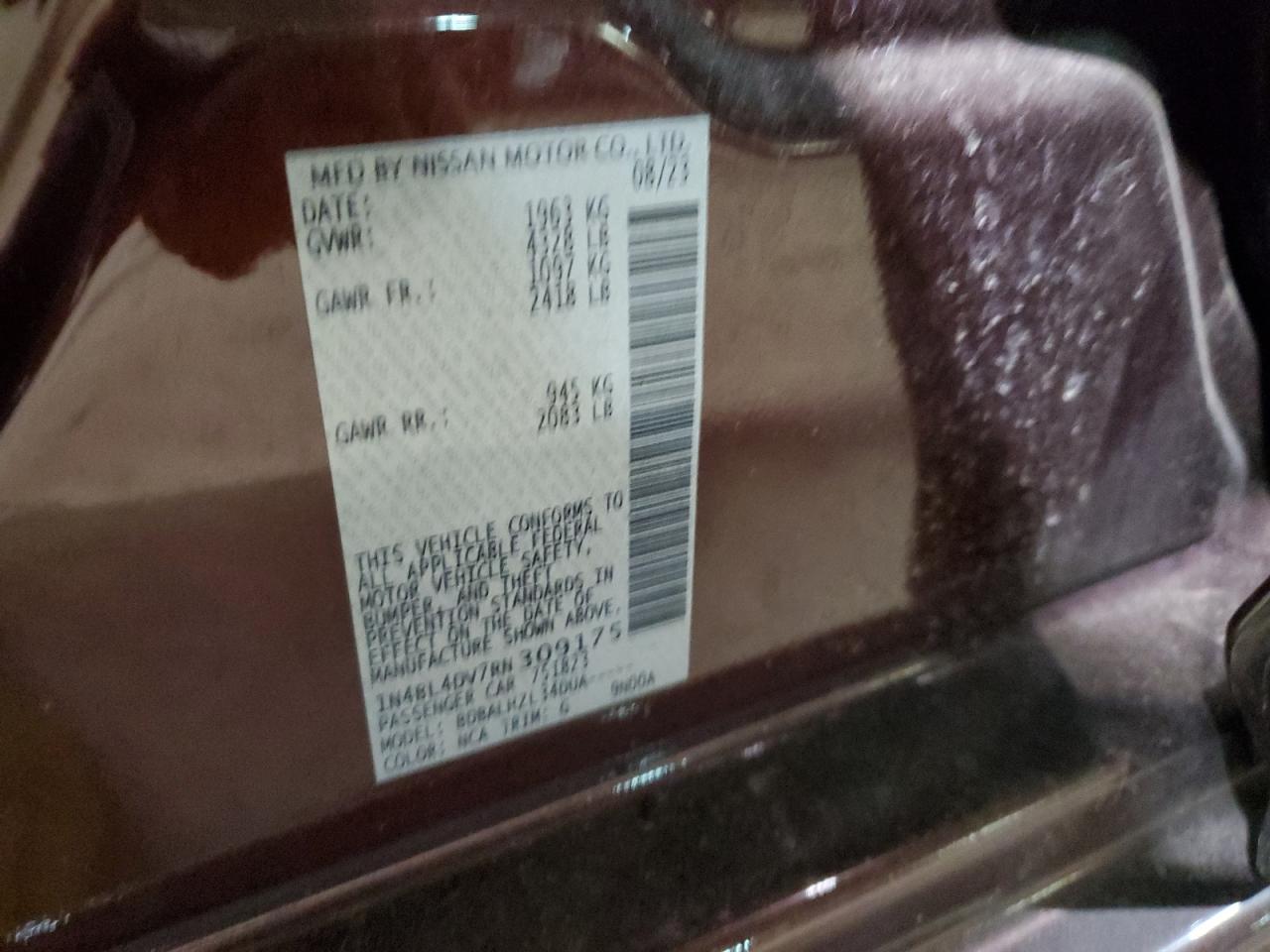 2024 Nissan Altima VIN 1N4BL4DV7RN309175 Copart auction photo, side damage thumbnail 13