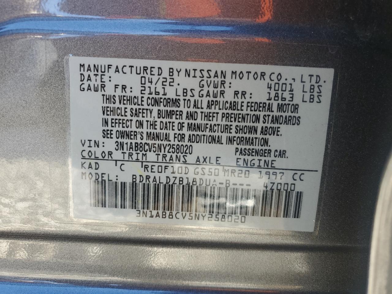 2022 Nissan Sentra VIN 3N1AB8CV5NY258020 Copart auction photo, front end damage thumbnail 14