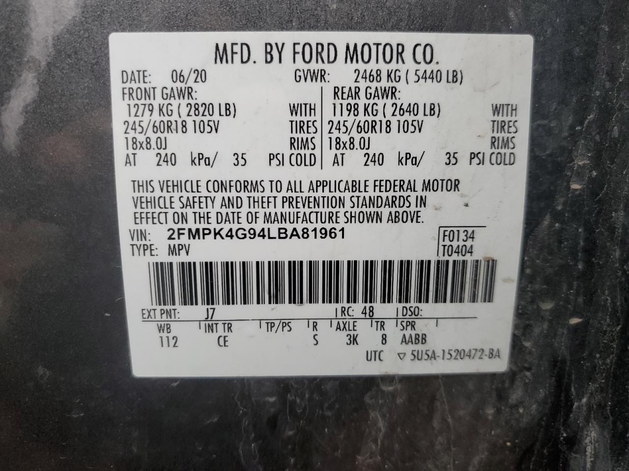 2020 Ford Edge VIN 2FMPK4G94LBA81961 Copart auction photo, front end / side damage thumbnail 14