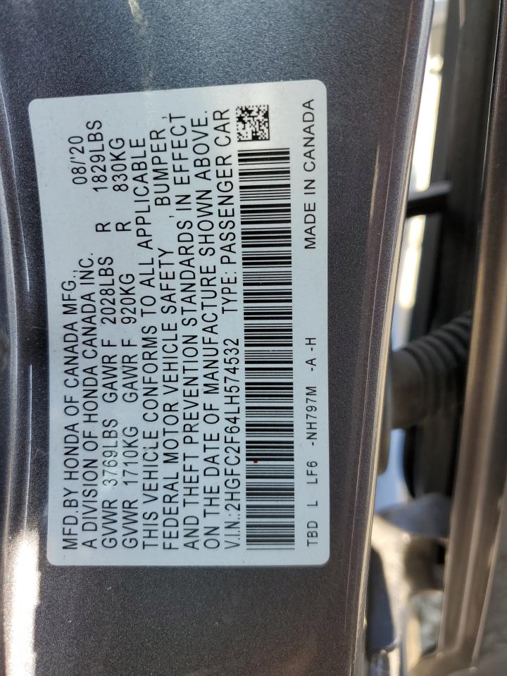 2020 Honda Civic VIN 2HGFC2F64LH574532 Copart auction photo, front end damage thumbnail 14