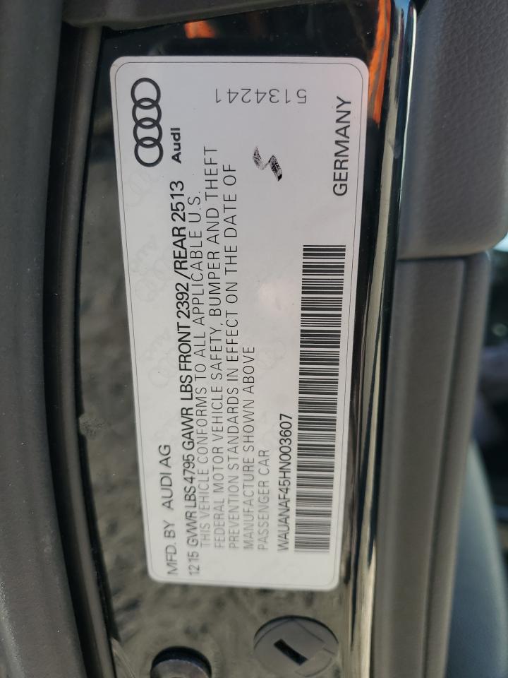 2017 Audi A4 VIN WAUANAF45HN003607 Copart auction photo, front end damage thumbnail 13