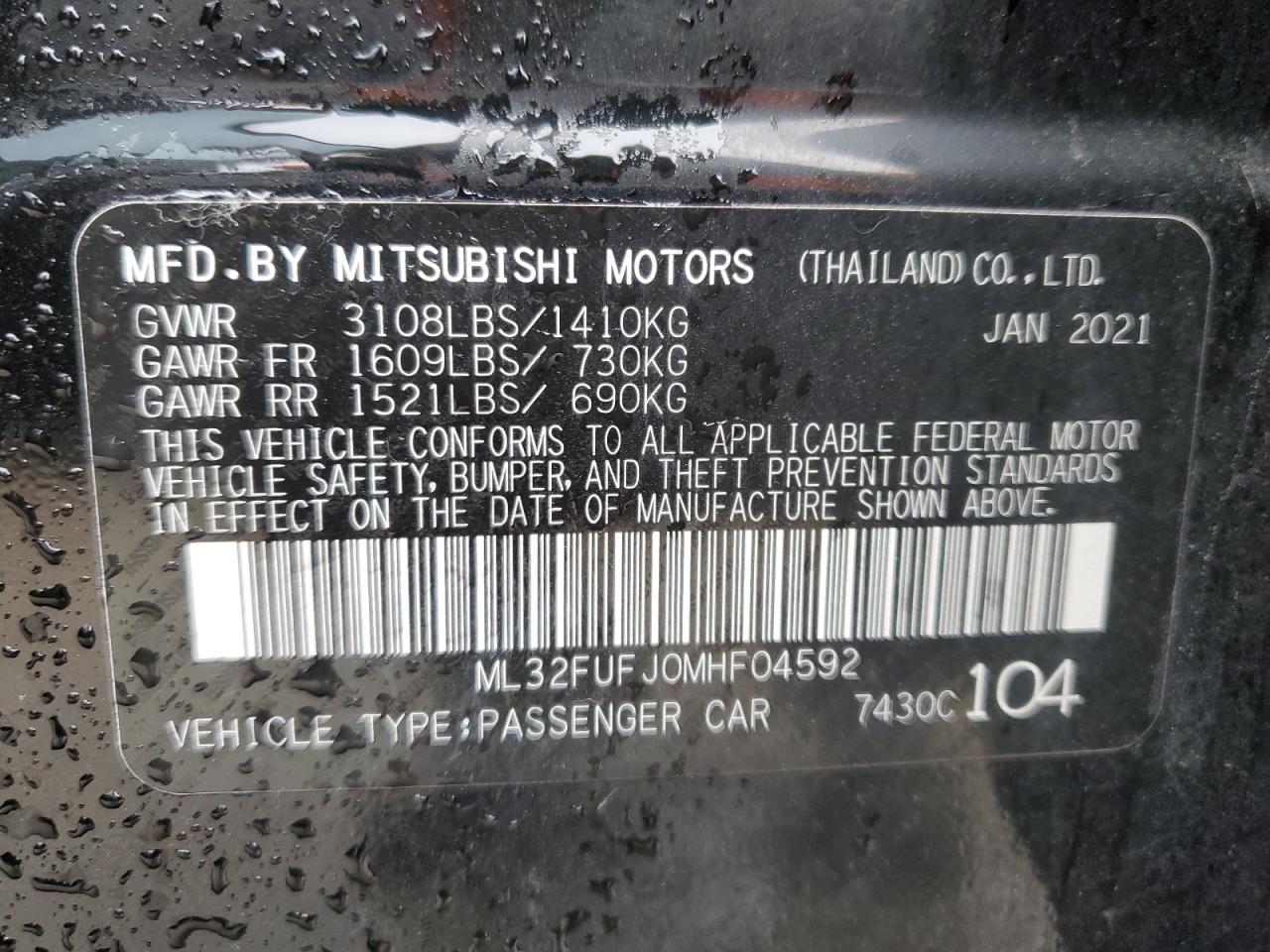 2021 Mitsubishi Mirage VIN ML32FUFJ0MHF04592 Copart auction photo, front end / minor dent/scratches damage thumbnail 13