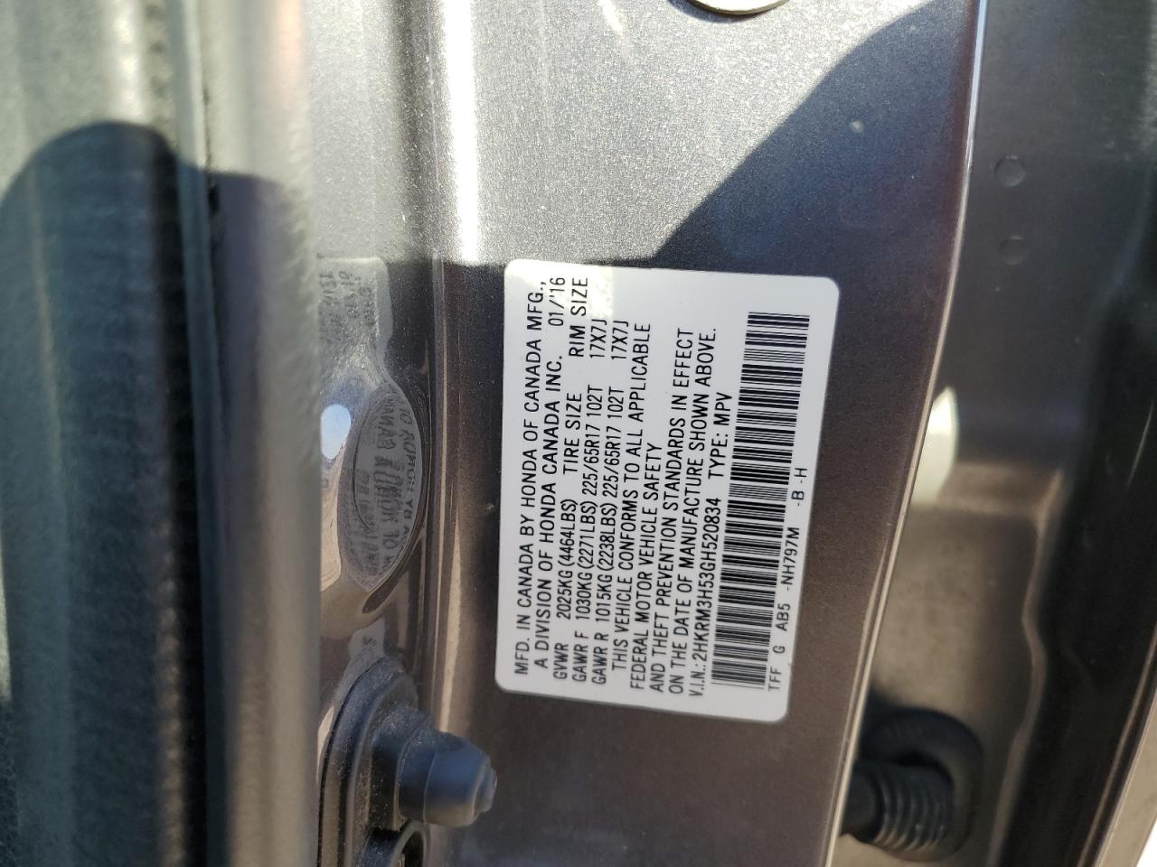 2016 Honda CR-V VIN 2HKRM3H53GH520834 Copart auction photo, rear end damage thumbnail 13