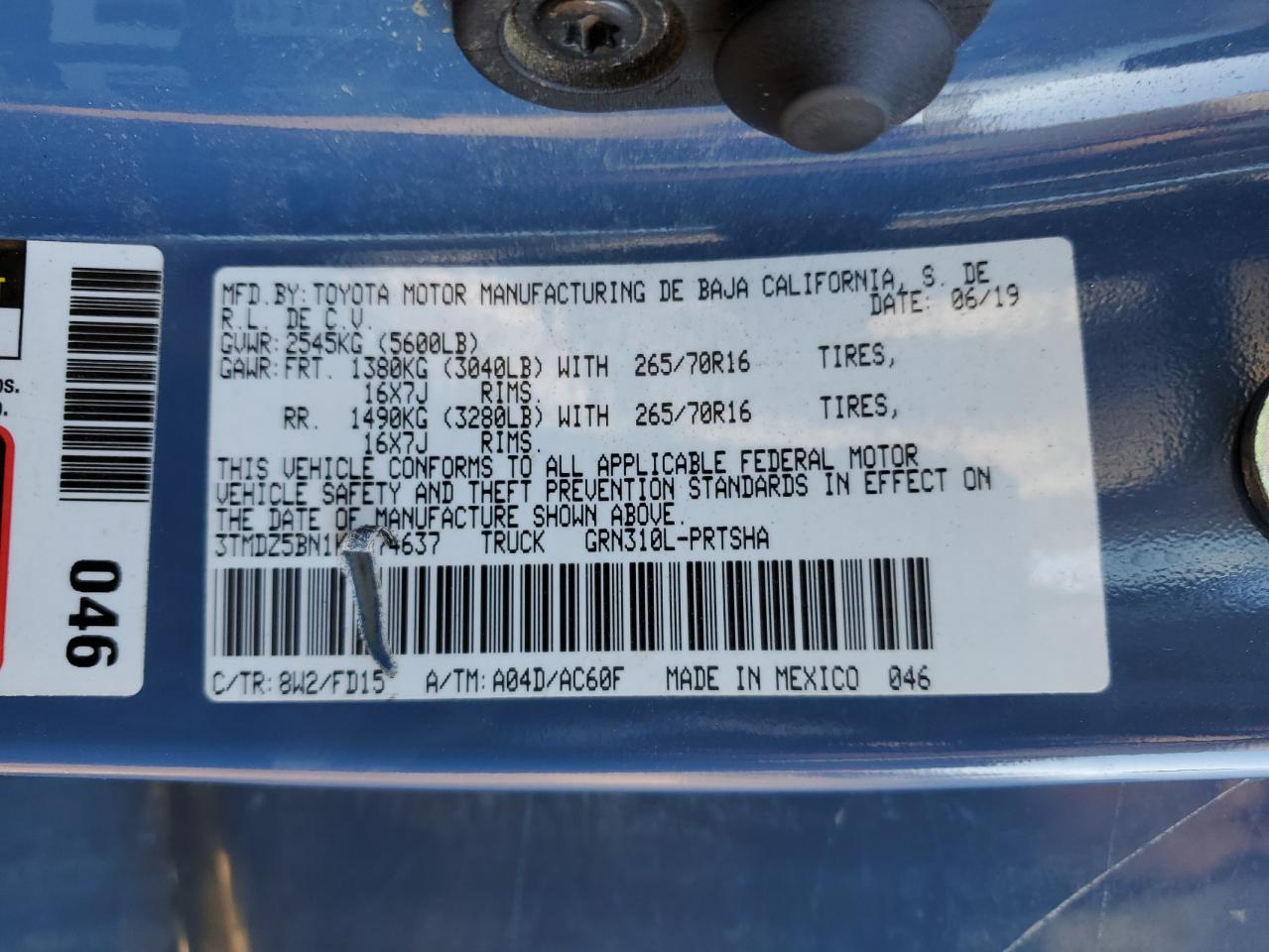 2019 Toyota Tacoma VIN 3TMDZ5BN1KM074637 Copart auction photo, front end / undercarriage damage thumbnail 12