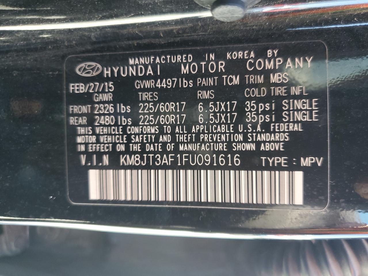 2015 Hyundai Tucson VIN KM8JT3AF1FU091616 Copart auction photo, minor dent/scratches damage thumbnail 13