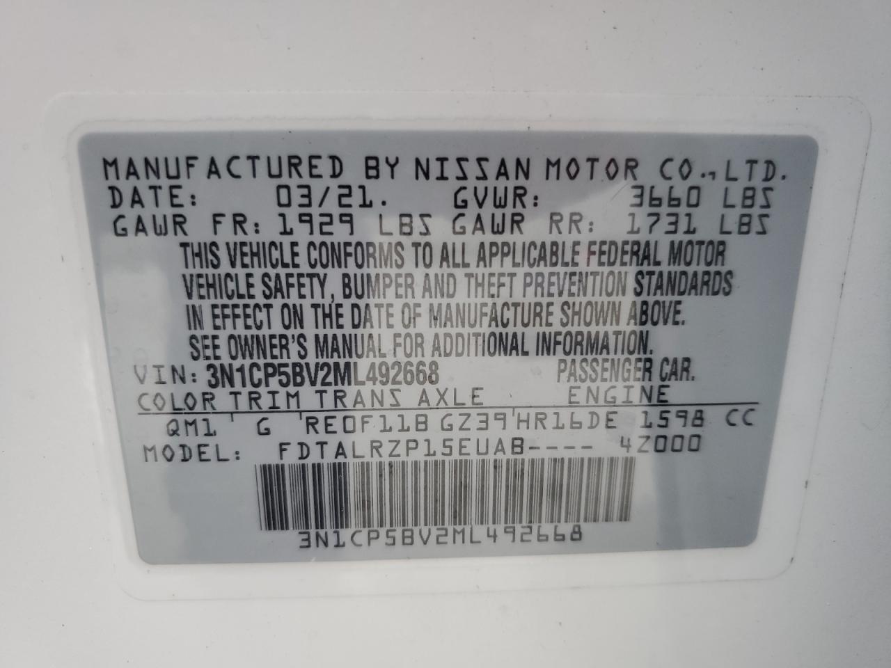 2021 Nissan Kicks VIN 3N1CP5BV2ML492668 Copart auction photo, side / rear end damage thumbnail 13