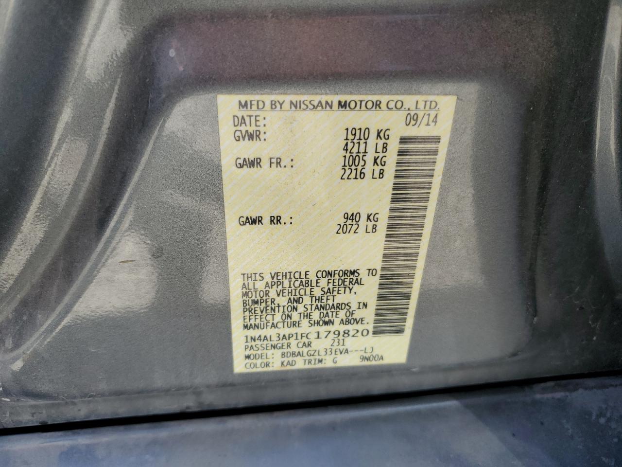 2015 Nissan Altima VIN 1N4AL3AP1FC179820 Copart auction photo, rear end / front end damage thumbnail 12