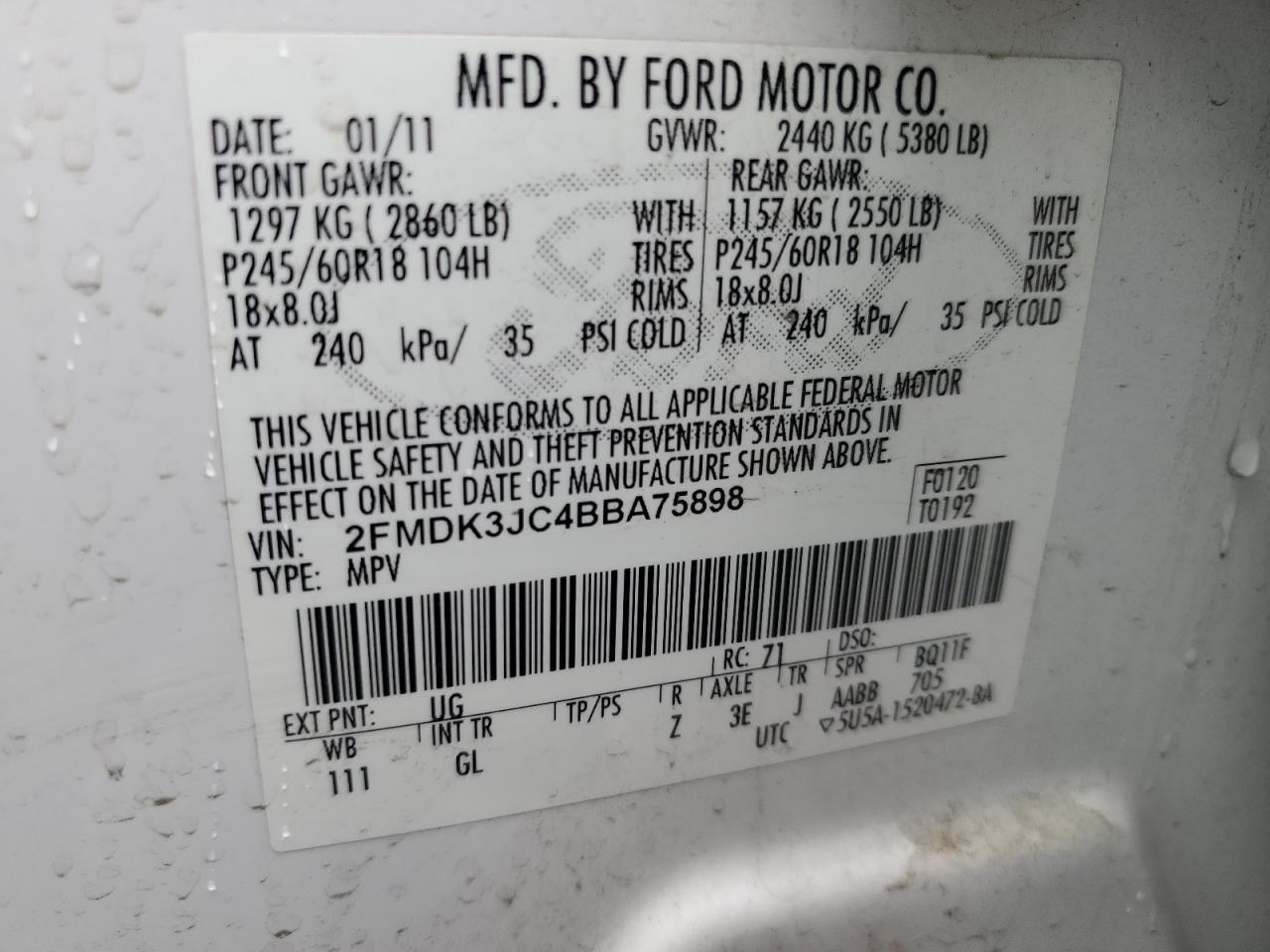 2011 Ford Edge VIN 2FMDK3JC4BBA75898 Copart auction photo, front end damage thumbnail 12