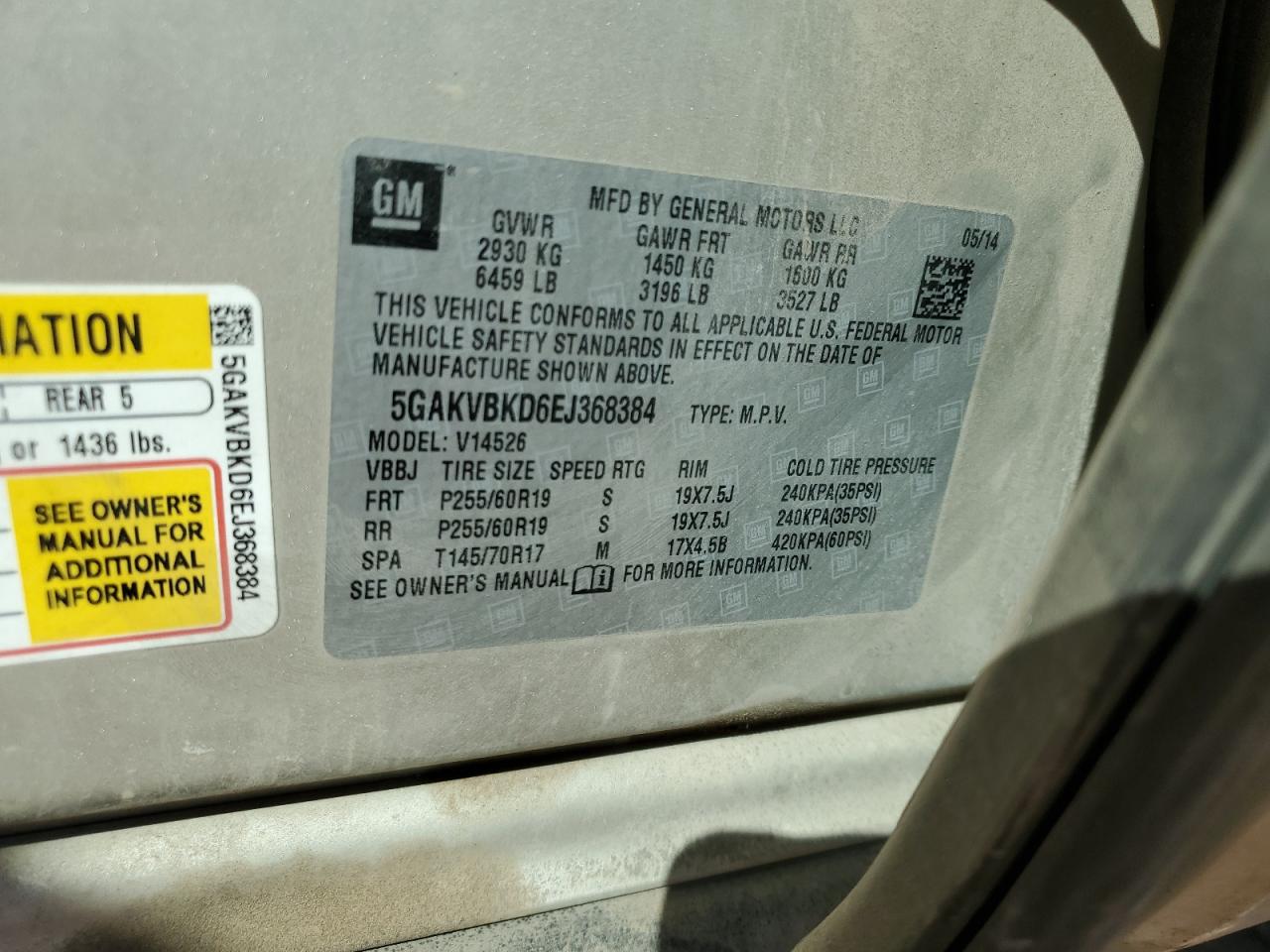 2014 Buick Enclave VIN 5GAKVBKD6EJ368384 Copart auction photo, front end damage thumbnail 15