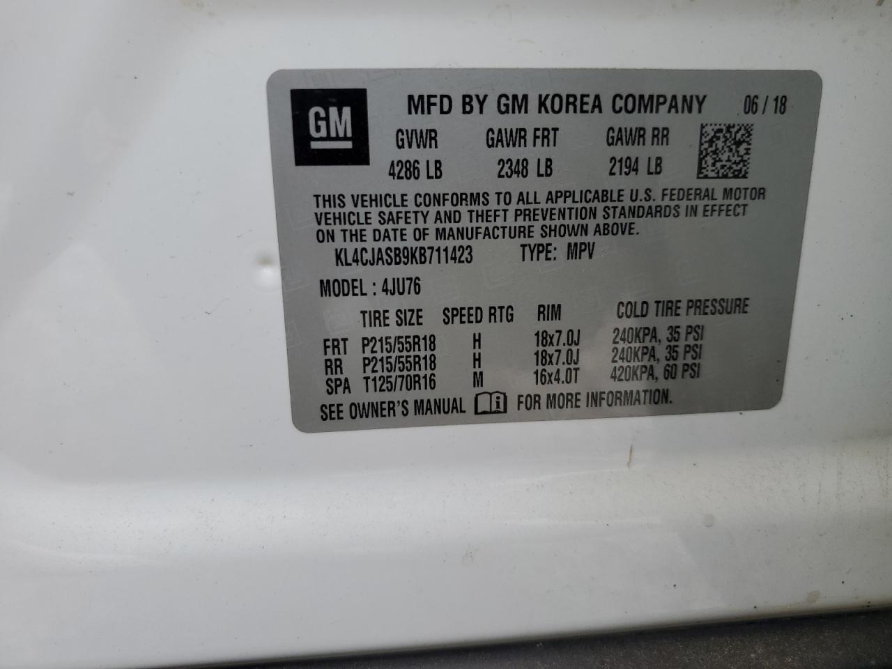 2019 Buick Encore VIN KL4CJASB9KB711423 Copart auction photo, water/flood / front end damage thumbnail 12