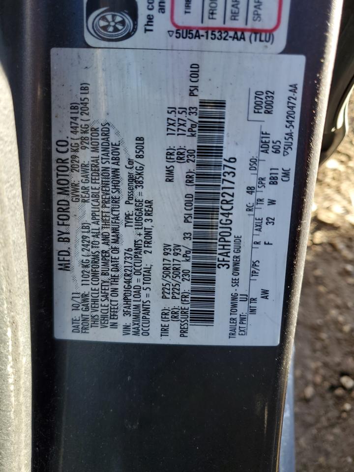 2012 Ford Fusion VIN 3FAHP0JG4CR217376 Copart auction photo, rear end / front end damage thumbnail 12