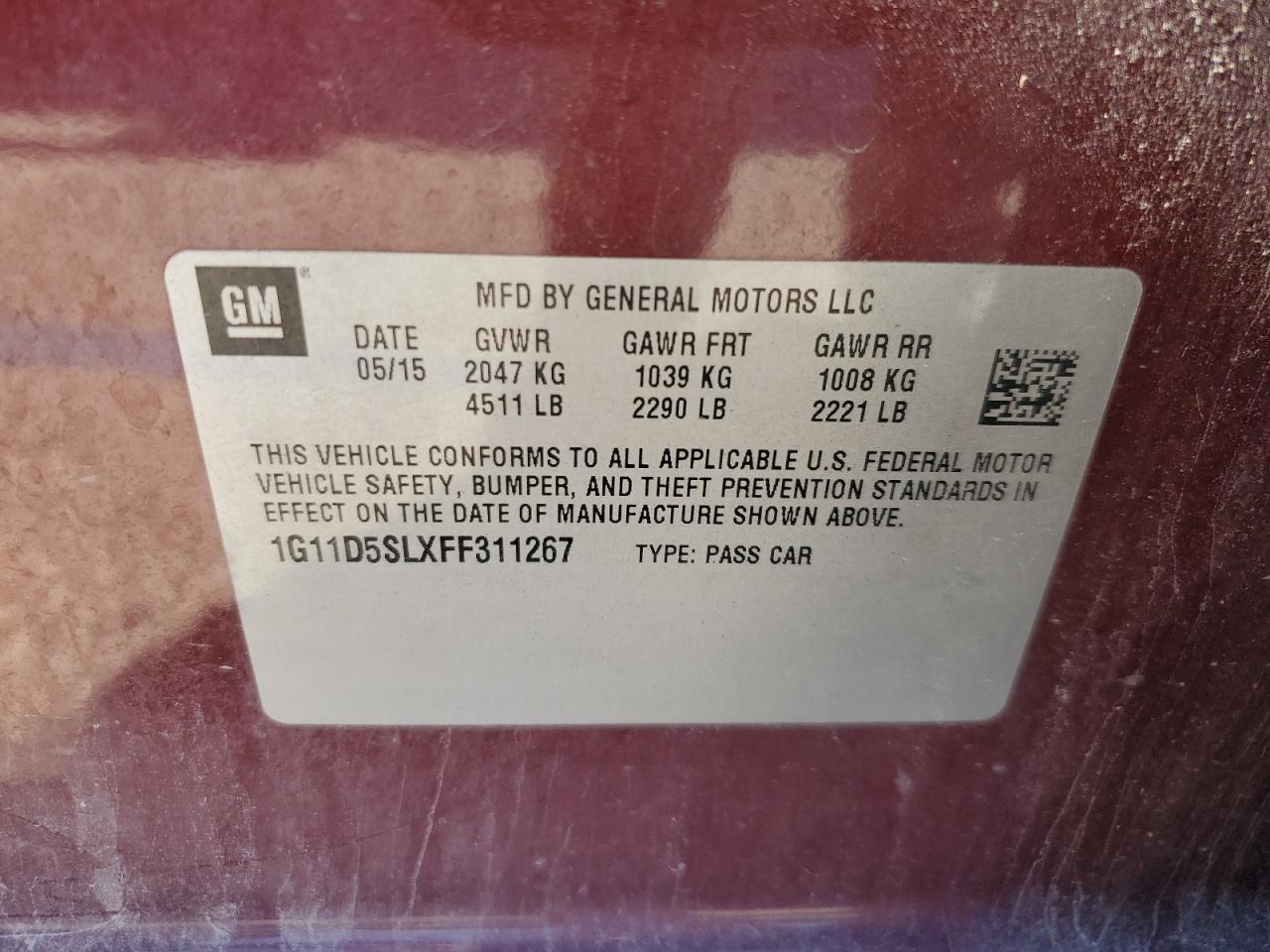 2015 Chevrolet Malibu VIN 1G11D5SLXFF311267 Copart auction photo, front end / side damage thumbnail 12