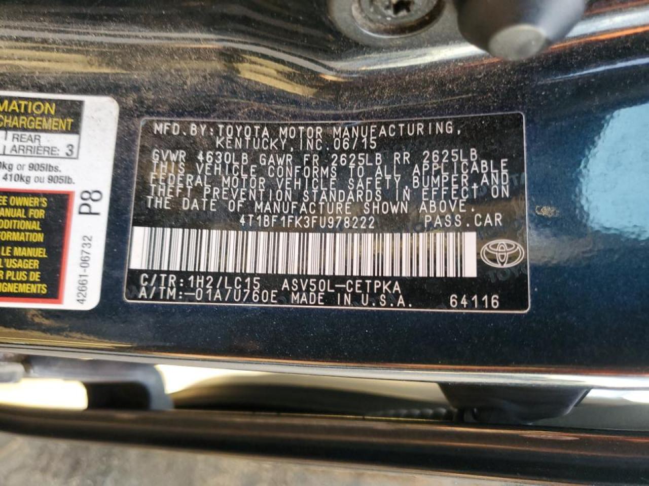 2015 Toyota Camry VIN 4T1BF1FK3FU978222 Copart auction photo, all over damage thumbnail 13