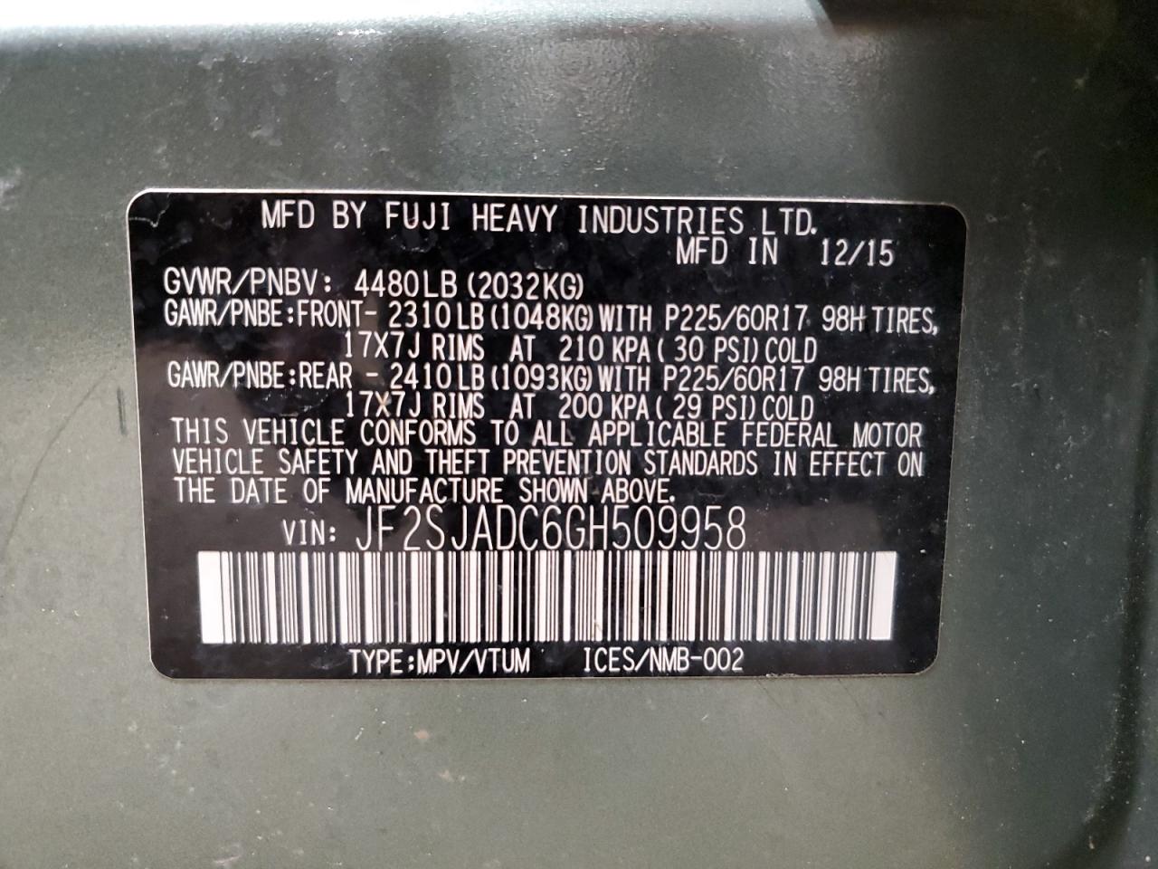 2016 Subaru Forester VIN JF2SJADC6GH509958 Copart auction photo, front end / side damage thumbnail 13