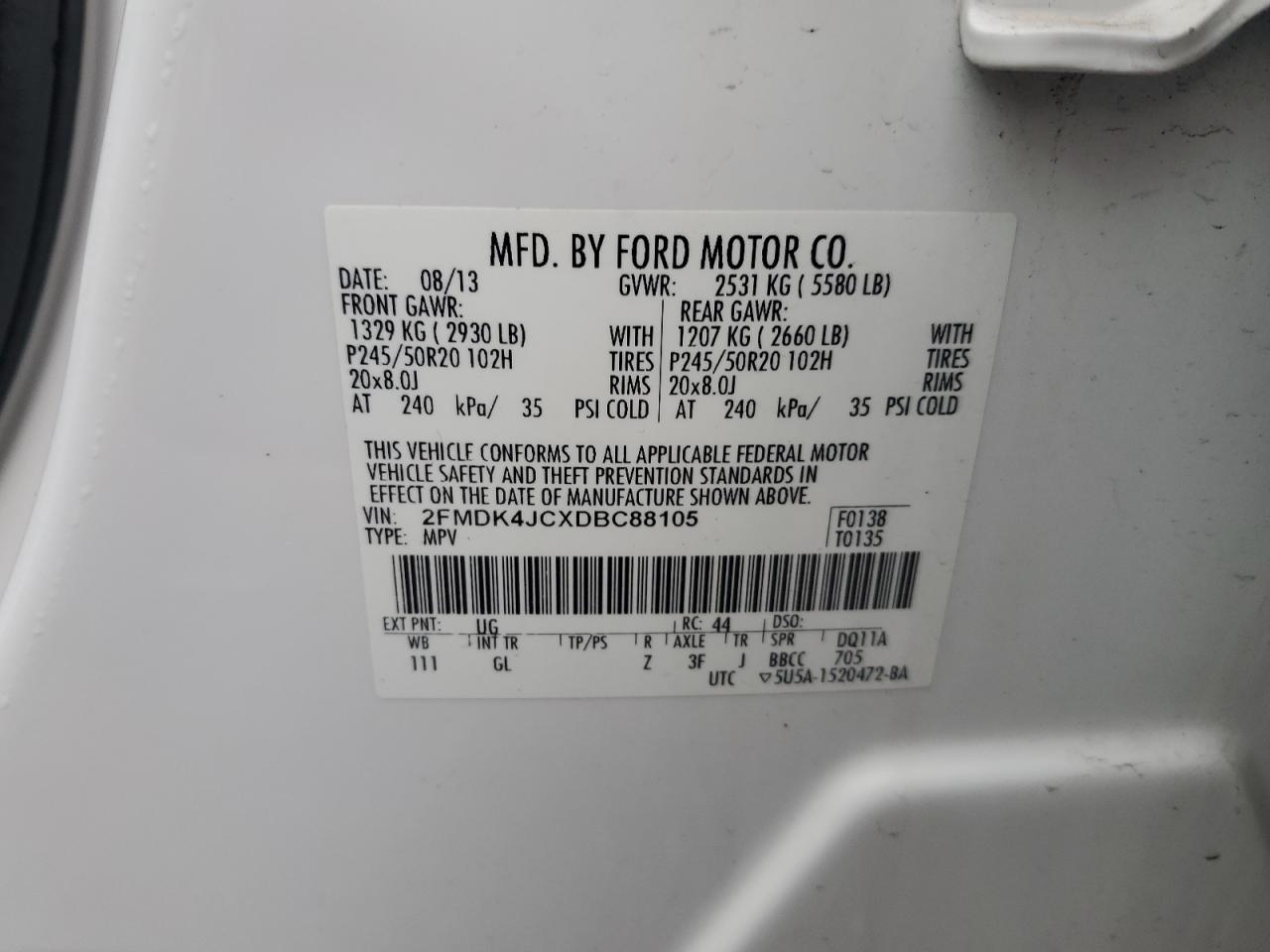 2013 Ford Edge VIN 2FMDK4JCXDBC88105 Copart auction photo, front end damage thumbnail 15