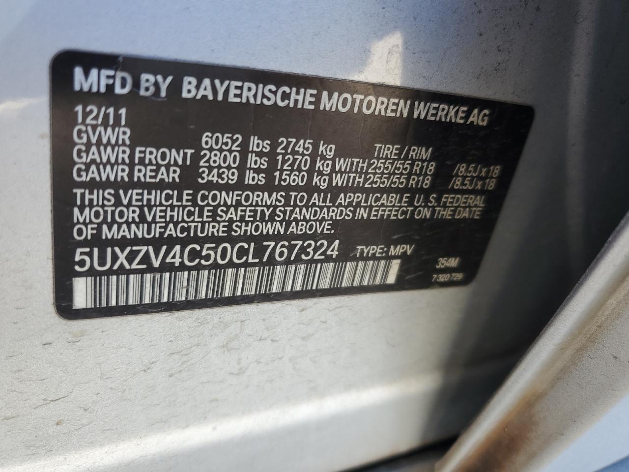 2012 BMW X5 VIN 5UXZV4C50CL767324 Copart auction photo, minor dent/scratches damage thumbnail 12