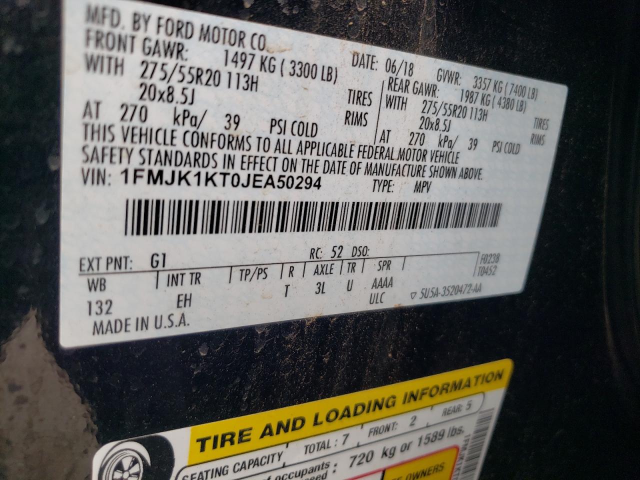 2018 Ford Expedition VIN 1FMJK1KT0JEA50294 Copart auction photo, hail damage thumbnail 13