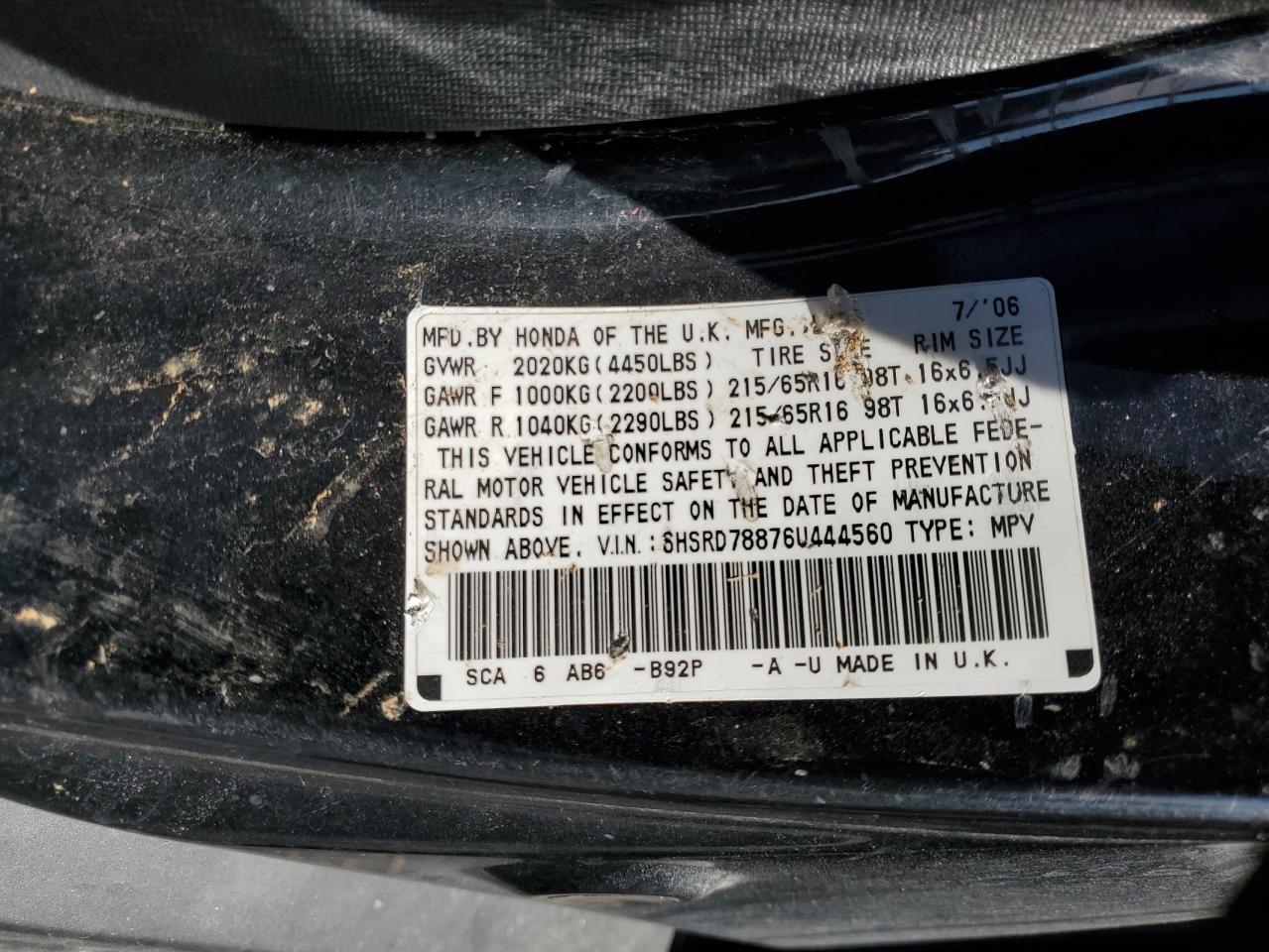 2006 Honda CR-V VIN SHSRD78876U444560 Copart auction photo, rollover damage thumbnail 14