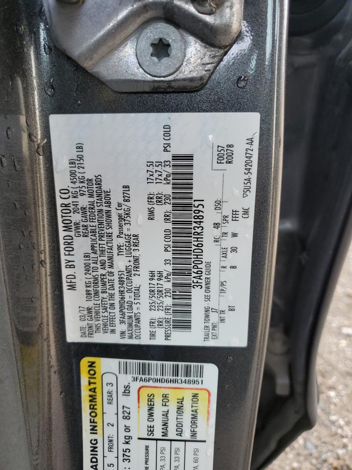 2017 Ford Fusion VIN 3FA6P0HD6HR348951 Copart auction photo, side / front end damage thumbnail 14