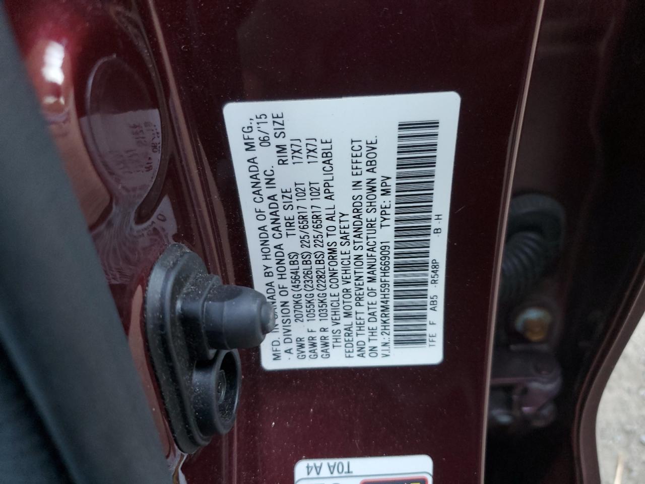 2015 Honda CR-V VIN 2HKRM4H59FH669091 Copart auction photo, front end / minor dent/scratches damage thumbnail 13